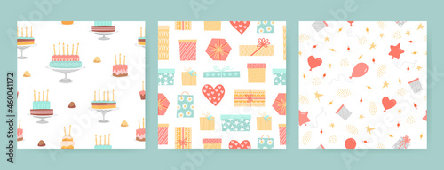 Collection of seamless birthday patterns with gift boxes, cakes, sweets and balloons isolated on white background.