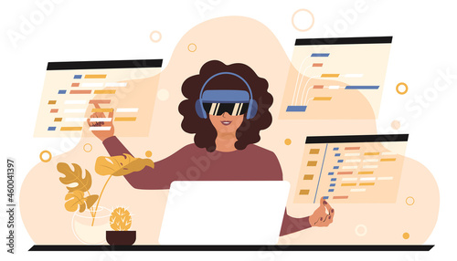A female programmer is sitting at a table wearing VR-glasses and writing software code. Future technologies for freelancers. Flat vector illustration