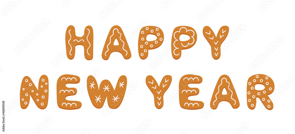 Gingerbread cookies in form of letters Happy New Year. New year banner. Gingerbread holidays cookies. Hand drawn vector illustration isolated on white background. Gingerbread cookies in form of letters Happy New Year. New year banner. Gingerbread holidays cookies. Hand drawn vector illustration isolated on white background.