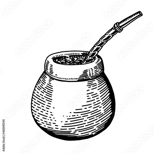 Illustration with mate tea in calabash and bombilla and yerba mate plant, vector illustration, isolated