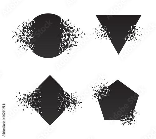 Shape explosion broken shattered flat style design vector illustration set isolated on white background. Square rhombus, circle, triangle, pentagon shapes in grayscale color exploding demolition.