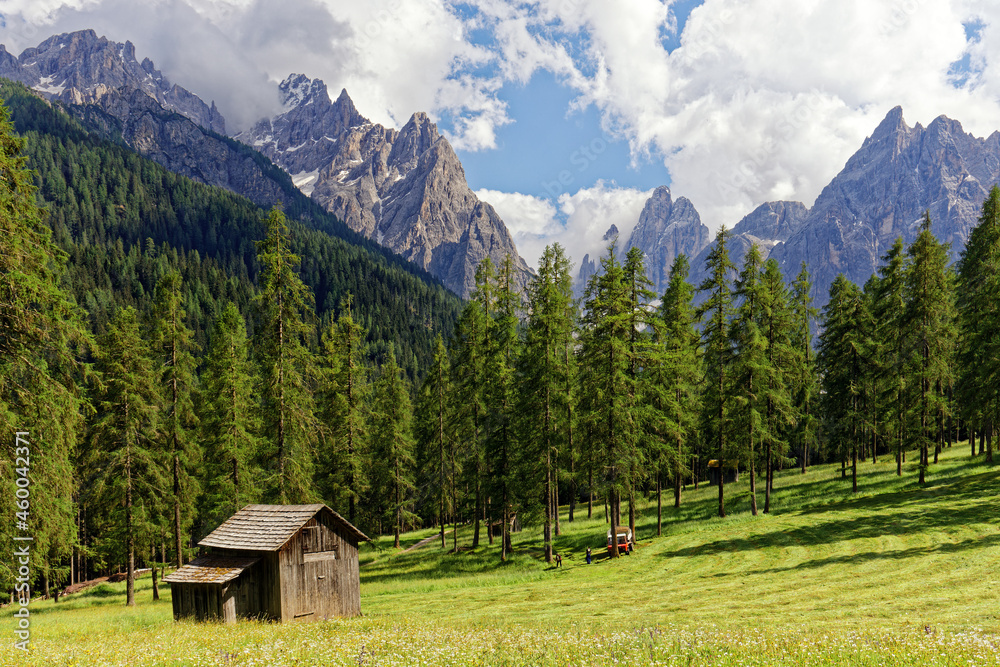 Bergwiesen mit alten Holzhütten vor den Gipfeln der Sextner Dolomiten, Pustertal, Alpen, Südtirol, Italien 