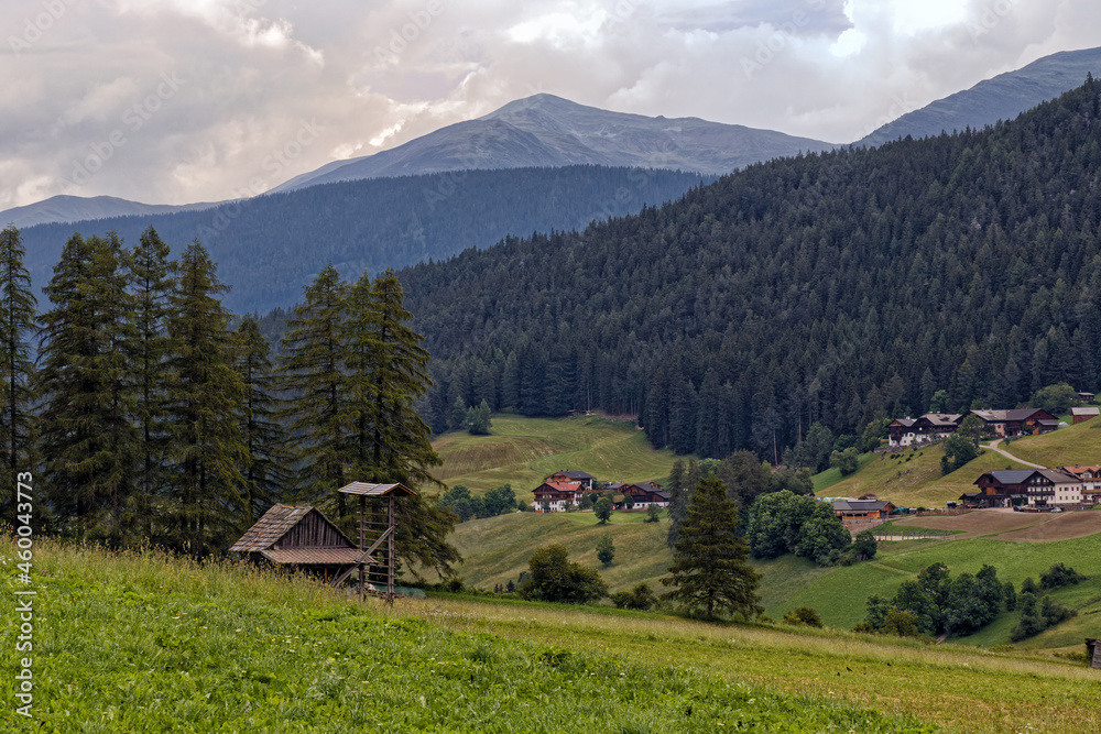 Blick auf Wiesen und Bergbauernhöfe im Pustertal, Südtirol, Alpen, Italien, Europa Blick auf Wiesen und Bergbauernhöfe im Pustertal, Südtirol, Alpen, Italien, Europa