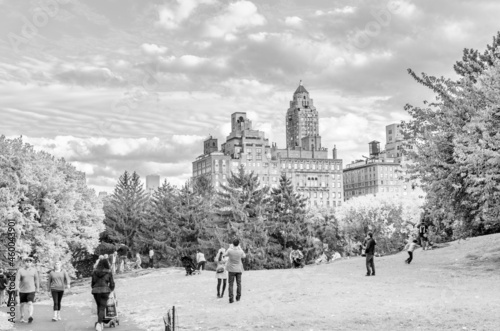 NEW YORK CITY, USA - OCTOBER 25TH, 2015: Tourists and locals visit Central Park in autumn season. It is a main city attraction.