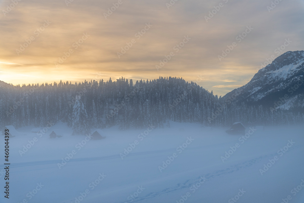 Obraz premium After the snowfall. Dusk on the Sappada plain. Magic of winter.