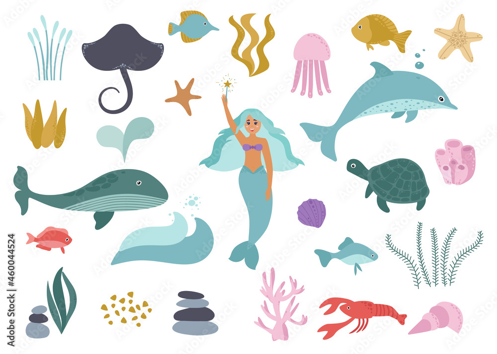 Obraz premium Marine collection. Underwater world of cute inhabitants, mermaid, dolphin, whale, turtle, jellyfish, corals, algae stones, sand, shells, starfish, stingray, crayfish. Vector illustration, isolated.
