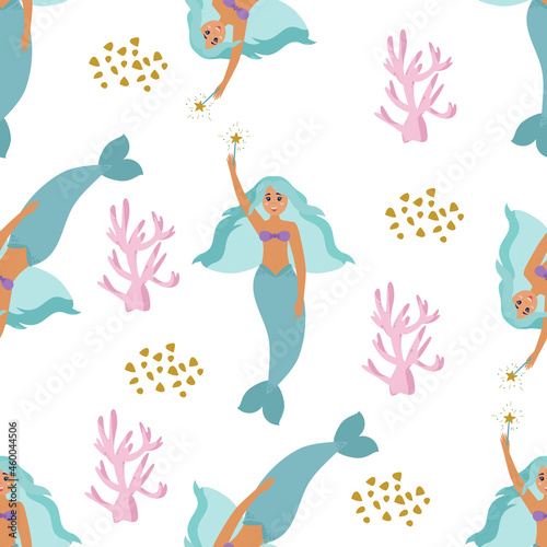 Mermaid sorceress  corals and sand. Seamless pattern on a white background. Marine collection. Vector illustration for printing on paper  fabric  textile packaging.