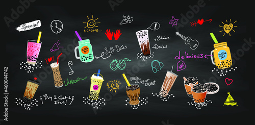 Bubble milk tea, Different sorts of Boba. Yummy drinks. Ads with delicious tapioca. Restaurant cafe menu, template design. Food flyer. Chalk board, retro menu restaurant poster.