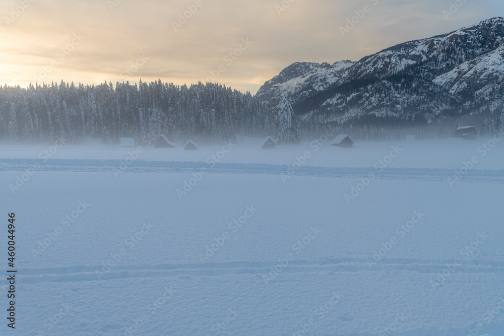 After the snowfall. Dusk on the Sappada plain. Magic of winter.