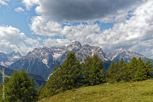 Bergwiesen und Bäume vor den Gipfeln der Sextner Dolomiten, Pustertal, Alpen, Südtirol, Italien  © si2016ab
