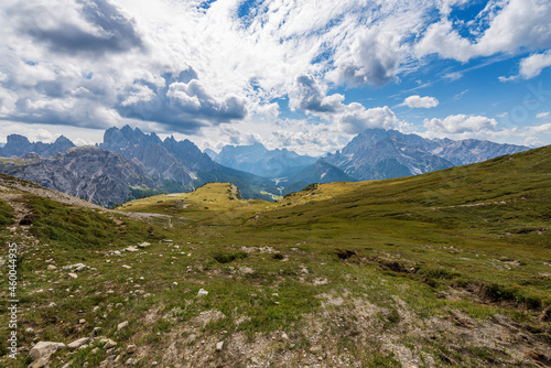 Mountain range of Cadini di Misurina, Sorapiss and Monte Cristallo seen from Tre Cime di Lavaredo, Sesto, Braies and Ampezzo Dolomites. Auronzo di Cadore, Belluno province, Veneto, Italy, Europe.