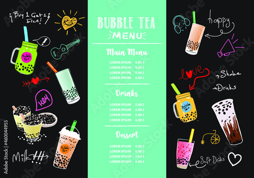 Bubble milk tea, Different sorts of Boba. Yummy drinks. Ads with delicious tapioca. Restaurant cafe menu, template design. Food flyer. Chalk board, retro menu restaurant poster.