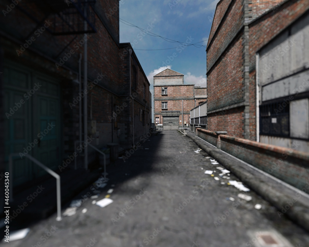 Abandoned alley with old dilapidated buildings and rubbish in a back yard neighborhood. 3D rendering.