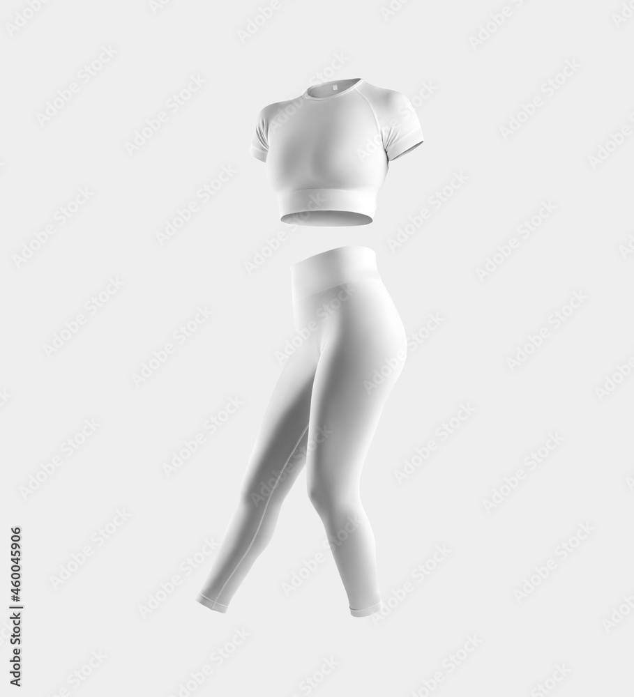 Mockup of white compression underwear, short t-shirt, leggings, 3D rendering, isolated on background. Mockup of white compression underwear, short t-shirt, leggings, 3D rendering, isolated on background.