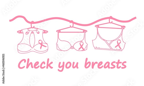 Breast Cancer Awareness Month vector banner with text Check your breasts. Breast cancer health and prevention concept. Lingerie hangs on a pink ribbon. Illustration for healthcare design. October