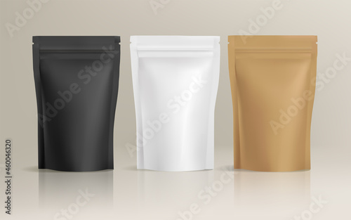 Coffee or food zip-package realistic blank mock-up set for branding identity design. Stand-up foil pouch design with paper packaging. Vector template