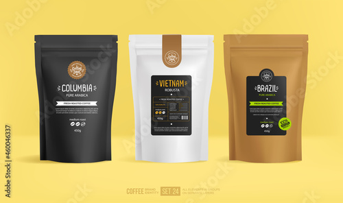 Coffee label design on food zip package on realistic mock-up set with branding identity design. Stand-up foil pouch design with paper packaging. Coffee soul brand identity with logo sticker or label
