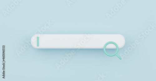 3D rendering search bar with magnifier isolated on light blue background banner. Web navigation and UI concept.