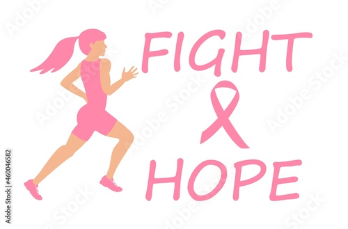 Postcard, banner Breast cancer Awareness month october. Flat vector illustration of running girl in pink. Inscription FIGHT and HOPE. Healthy lifestyle. EPS 10