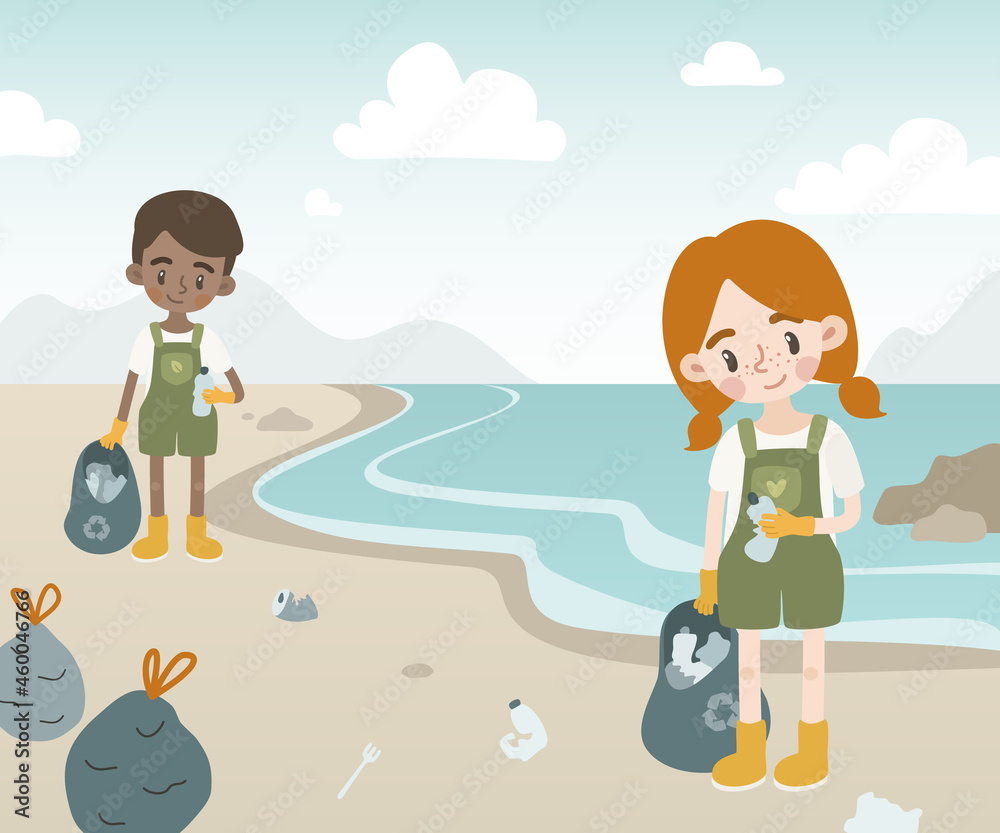 Children volunteers collect garbage on the beach. Ecology kids banner. Poster about care of environment for children, schools, preschooler.