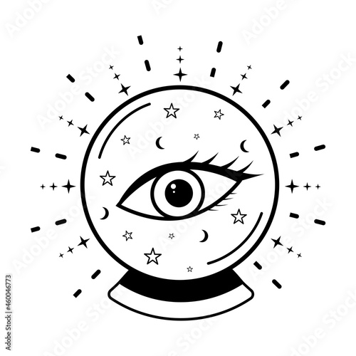 Magic crystal ball with eye of providence outline icon vector illustration.