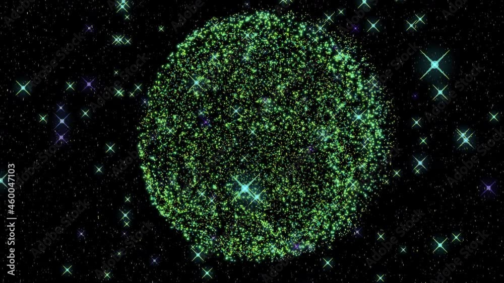 Abstract gas planet consisting of rotating green particles against the background of twinkling stars in outer space. Science experiment for educational, astral and spiritual videos. 3D. 4K. Isolated b