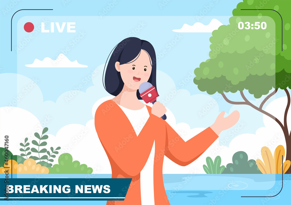 Autocolant Breaking News Reporter Background Vector Illustration With Broadcaster or Journa