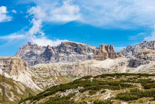 Sexteen Dolomites from Tre Cime di Lavaredo. Mountain Peak of Punta Tre Scarperi, Lastron degli Scarperi, Torre di Toblin, Sasso di Sesto, UNESCO world heritage site, Trentino-Alto Adige, Italy.