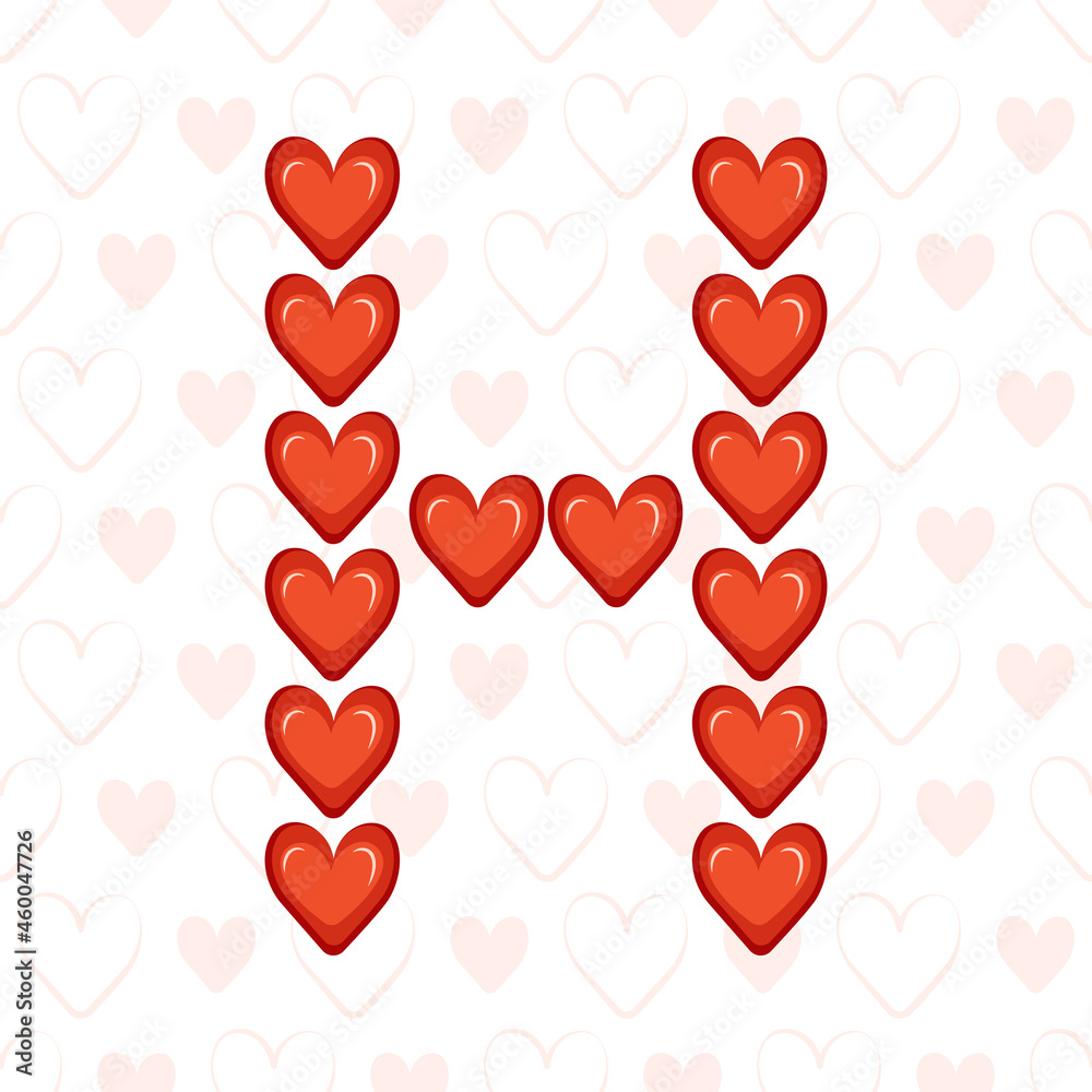 Letter H from red hearts on seamless pattern with love symbol. Festive font or decoration for valentine day, wedding, holiday and design