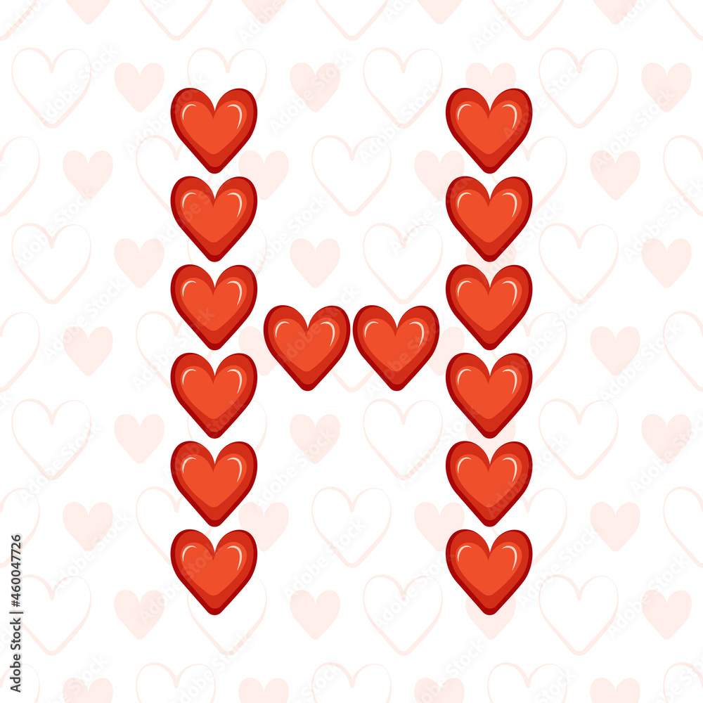 Letter H from red hearts on seamless pattern with love symbol. Festive font or decoration for valentine day, wedding, holiday and design Letter H from red hearts on seamless pattern with love symbol. Festive font or decoration for valentine day, wedding, holiday and design