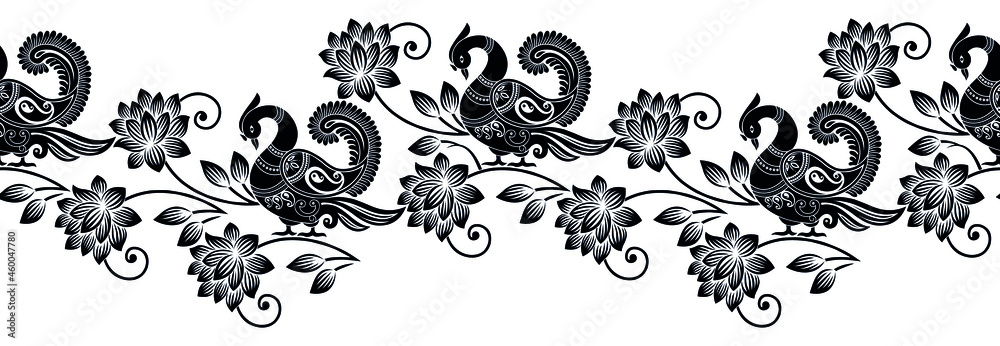 Seamless black and white traditional Asian peacock border