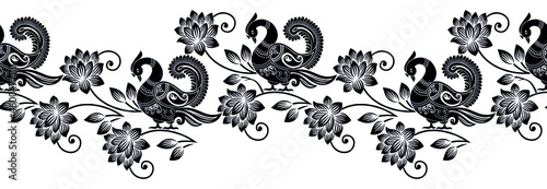 Seamless black and white traditional Asian peacock border