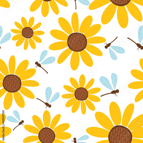 Seamless pattern with sunflowers and dragonflies on white background vector. 