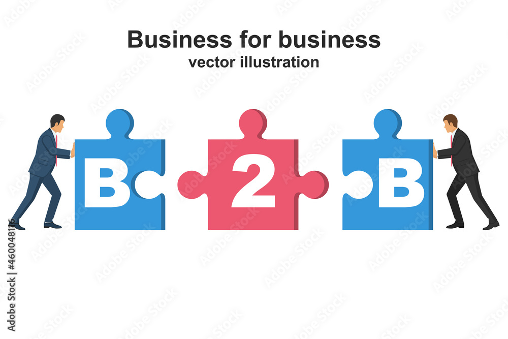 B2B concept. Business for business. Online Agreement. Two businessmen connect two pieces of the puzzle. Professional marketing. Vector illustration flat design. B2B concept. Business for business. Online Agreement. Two businessmen connect two pieces of the puzzle. Professional marketing. Vector illustration flat design.