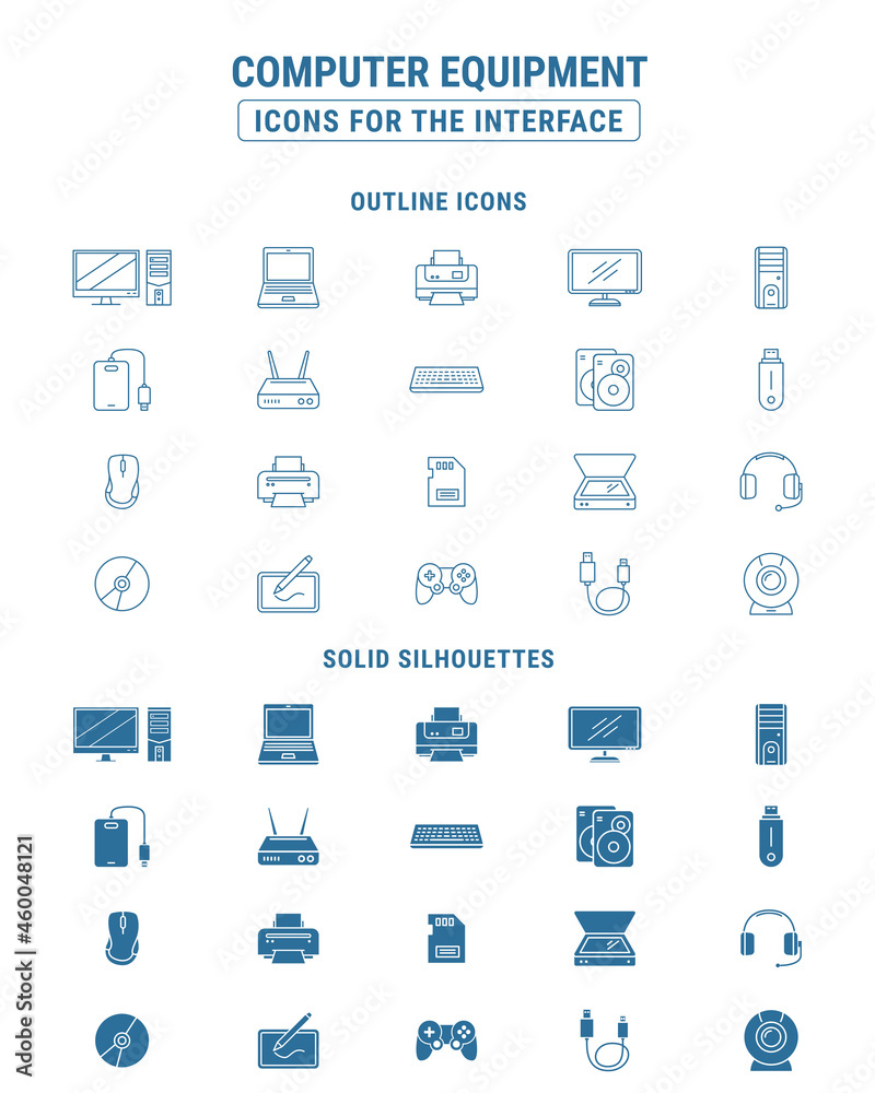 Computer equipment Icons set - Vector outline symbols and silhouettes of pc, laptop, monitor, keyboard, mouse, printer and other electronic devices for the site or interface