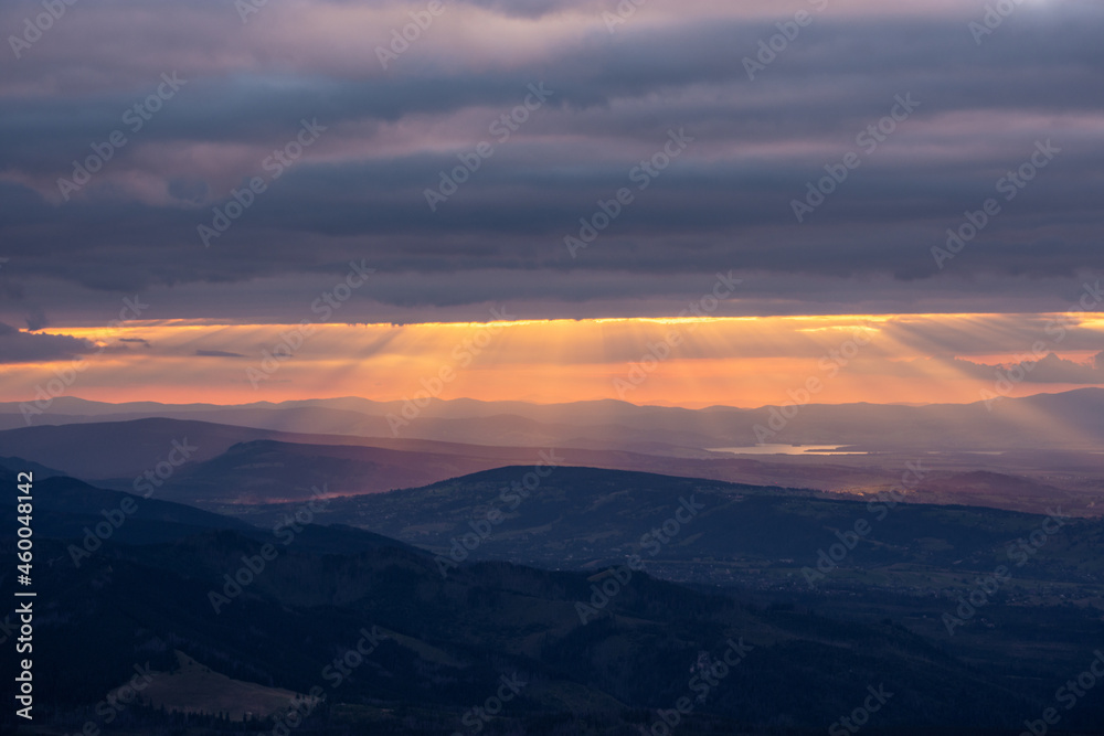 Sunset over Poland countryside from High Tatras mountains