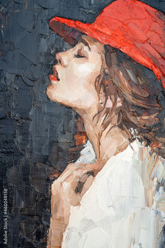 Attractive young woman with red lips and red hat on a dark background. Palette knife technique of oil painting and brush.