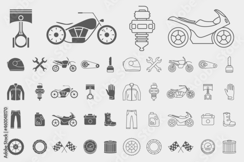 Moto Icons set - Vector outline symbols and silhouettes of motorcycle, engine, wheel, helmet and other parts and accessories for the site or interface