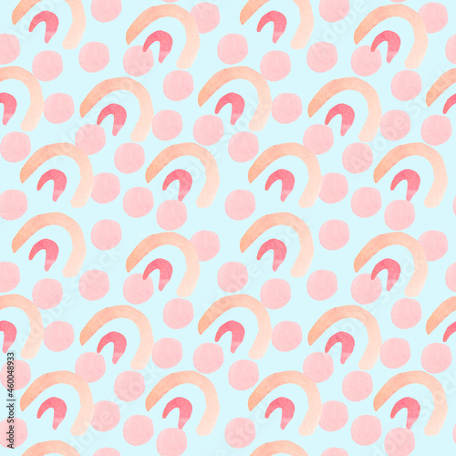 Watercolor seamless pattern with abstract shapes on isolated background.Polka dot print in doodle style.Design for wrapping paper,packaging,textiles,fabric,backdrop,wallpaper,scrapbook paper.