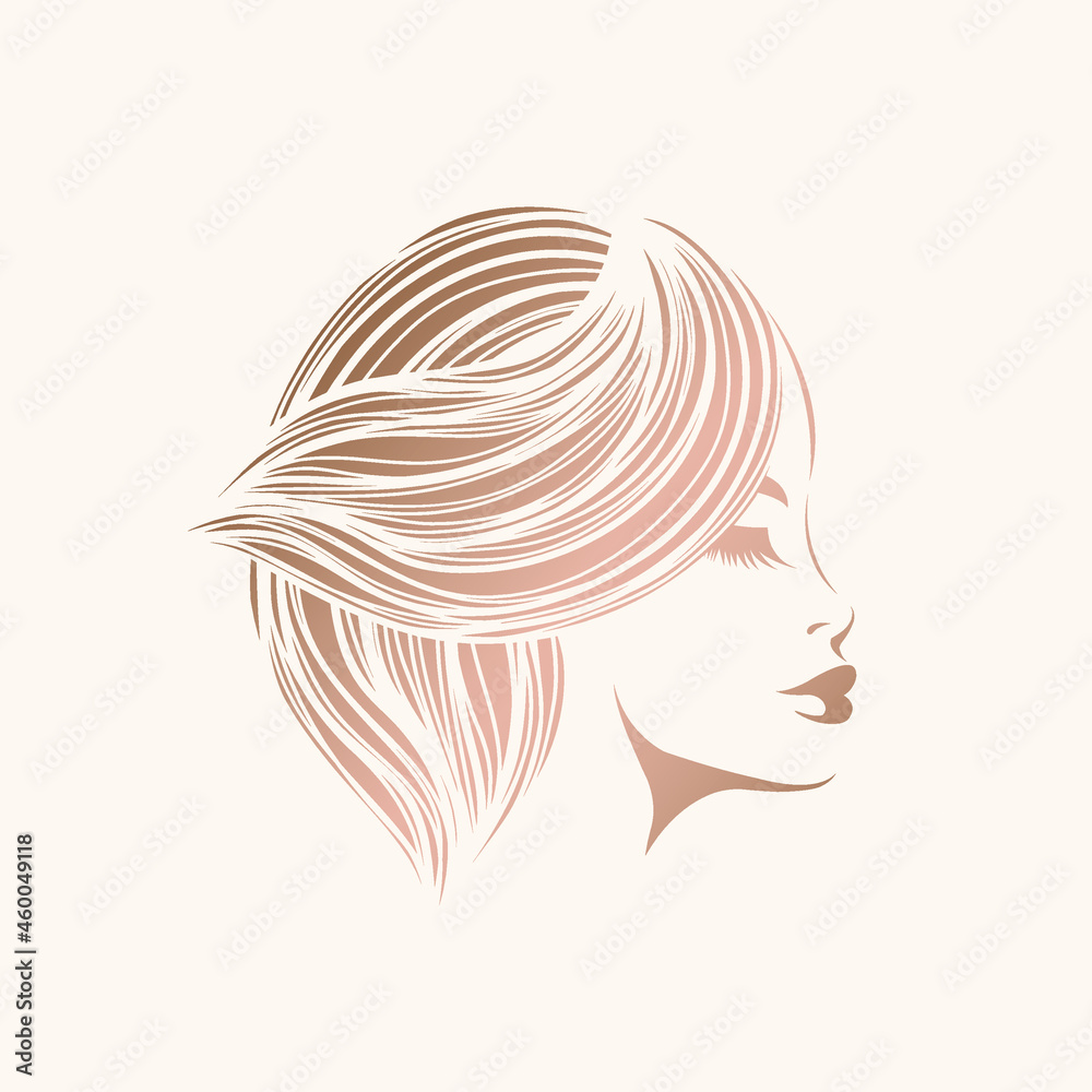 Hair salon, beauty studio logo.Wavy hairstyle blonde woman.Elegant makeup.Profile portrait.Hairdresser icon.Luxury, spa style.Young lady face isolated on light background.