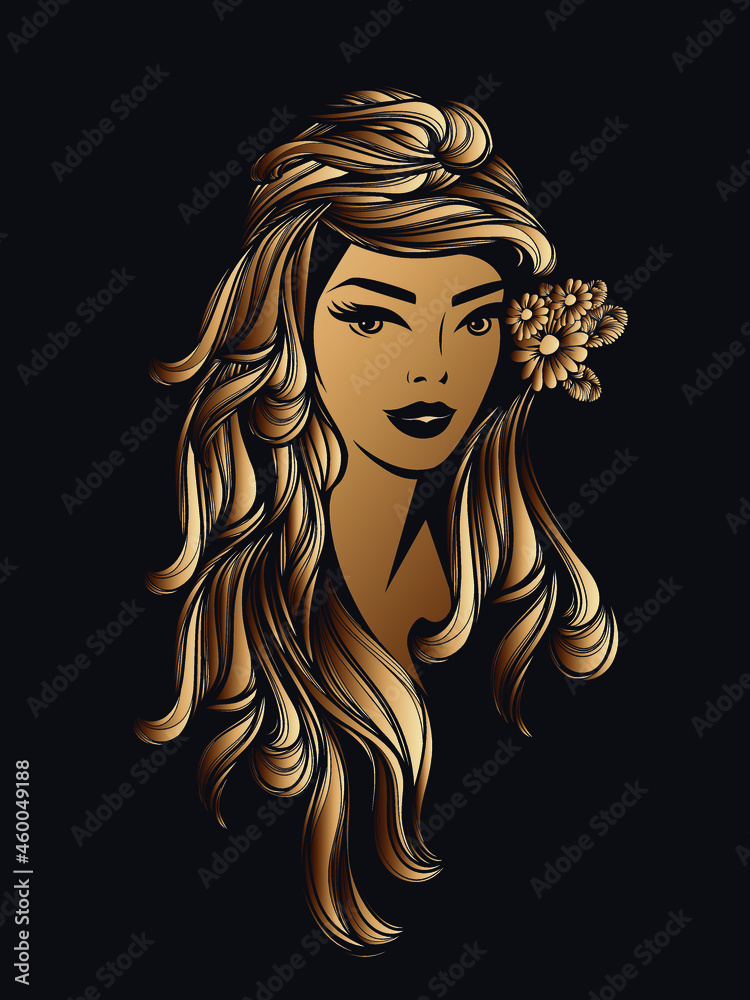 Beauty salon logo.Beautiful woman portrait.Flower hairstyle icon.Spa, aesthetics, beautician, hair studio business.Modern, elegant, luxury, glamour style.Face makeup.Cute blond female head.