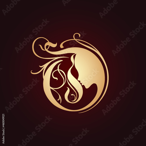 Decorative letter O logo with woman portrait silhouette.Beauty and hair salon vector illustration. Ornate calligraphic icon isolated on dark background.Gold color.	