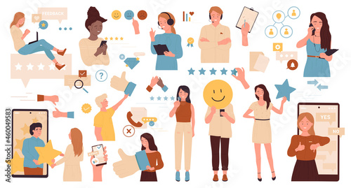 Customer review feedback service set vector illustration. Cartoon man woman client characters rate quality of products or experience online, ranking stars in mobile phone app isolated on white