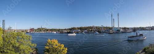 View over the bay Ladugårdsviken with museums and commuting boats in Stockholm