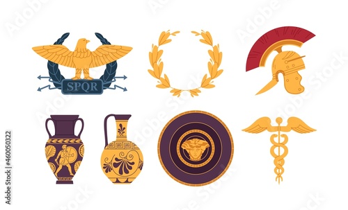 Medieval symbols of Ancient Roman Empire. Set of Eagle blazon, laurel wreath, galea helmet, amphora vases, plate and caduceus. Objects from Rome. Flat vector illustration isolated on white background