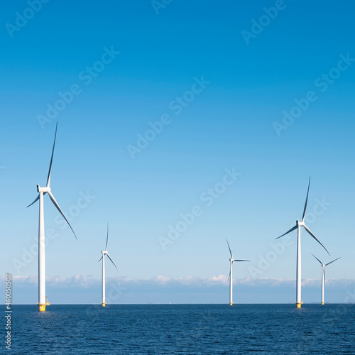 wind turbines in water of ijsselmeer near Urk in dutch part of noordoostpolder