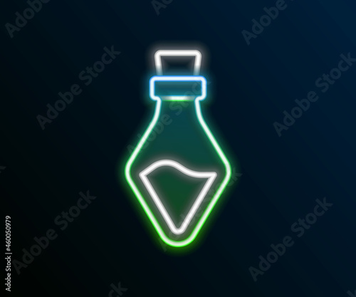Glowing neon line Bottle with potion icon isolated on black background. Flask with magic potion. Happy Halloween party. Colorful outline concept. Vector