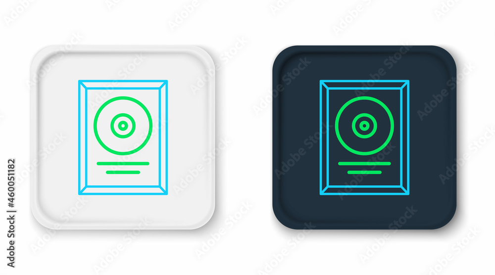 Line CD disk award in frame icon isolated on white background. Modern ceremony. Best seller. Musical trophy. Colorful outline concept. Vector Line CD disk award in frame icon isolated on white background. Modern ceremony. Best seller. Musical trophy. Colorful outline concept. Vector