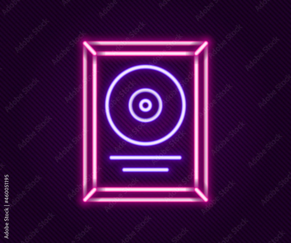 Glowing neon line CD disk award in frame icon isolated on black background. Modern ceremony. Best seller. Musical trophy. Colorful outline concept. Vector Glowing neon line CD disk award in frame icon isolated on black background. Modern ceremony. Best seller. Musical trophy. Colorful outline concept. Vector