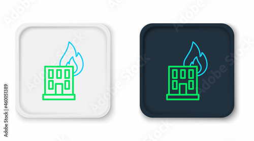 Line Fire in burning building on city street icon isolated on white background. Destroyed city on fire. Colorful outline concept. Vector